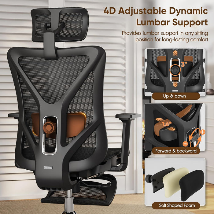 Ergonomic Office Chair with Footrest, 135° Reclining Desk Chair with Adjustable Lumbar Support,3D Armrest,Headrest & Large Steel Base, 300LBS Heavy Duty Mesh Chair