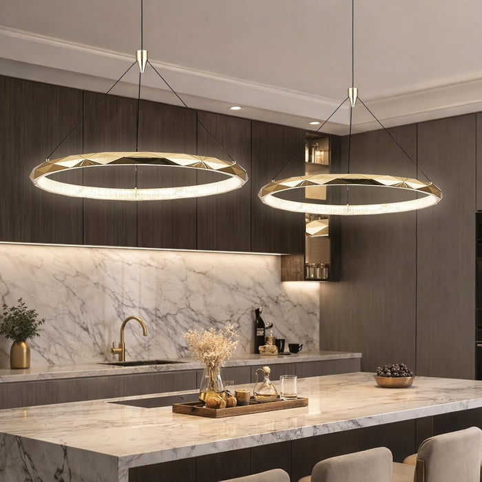 Modern Gold Ring Pendant Light 24Inch Faceted Geometric Chandelier