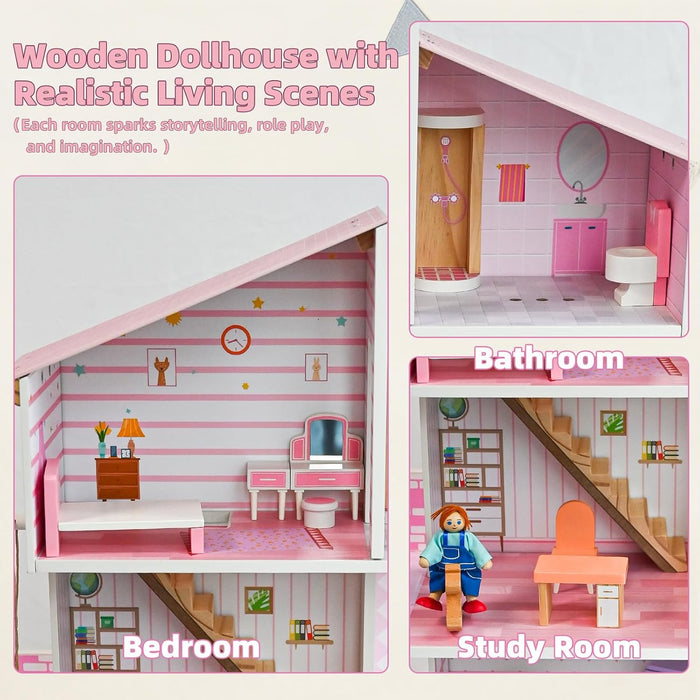 Wooden Dolls House for Toddlers Aged 3–5: Complete Set with Furniture, 4 Family Member Dolls, and a Pet Dog – Villa-Style Design for Indoor Play. Ideal Dollhouses for Children Aged 3 to 8