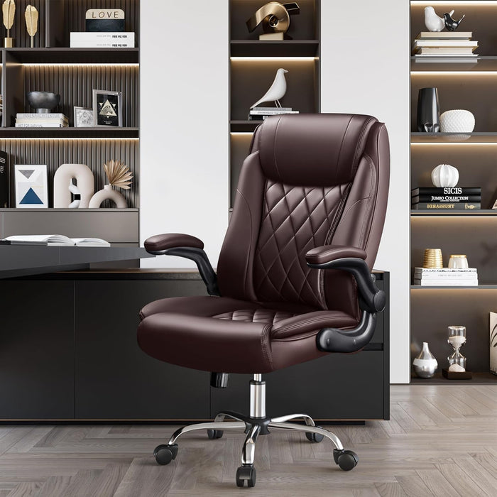Executive Office Chair, Ergonomic High Back with Adjustable Flip-Up Armrest, Swivel Leather-Papped Seats with Lumbar Support, Brown