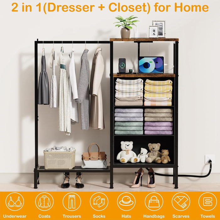 Dresser for Bedroom with Hanging Rack, 3 Drawers Closet with Charging Station, Fabric Chest of Drawers with Clothes Rack, Storage Organzier for Hallway Entryway, Brown