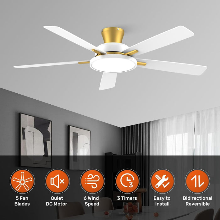 52 Inch Ceiling Fans with Lights and Remote,Ultra Silent Low Profile Ceiling Fan with Three Color Temperature and Dimmable Light with Reversible Blades White Gold