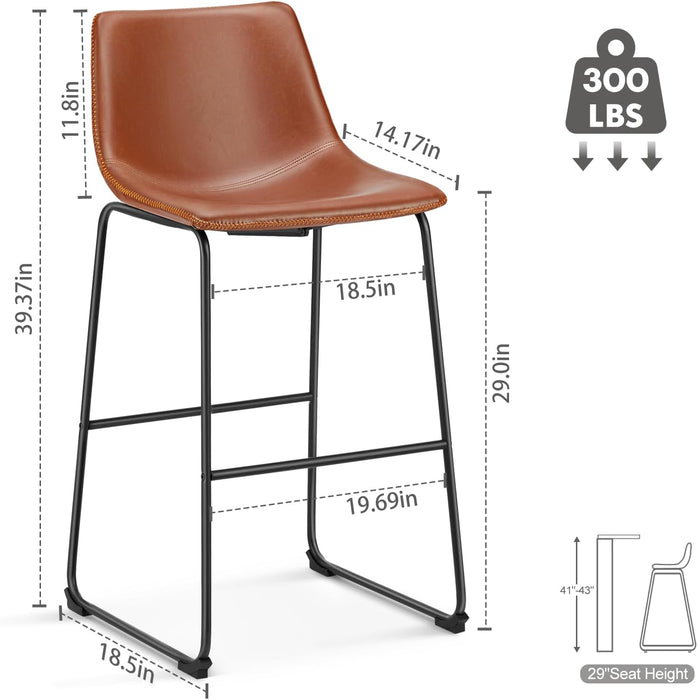 Bar Stools Set of 2, Faux Leather Barstools with Metal Legs | Counter Height 30 Inch Design, Armless with Back, Comfortable, Modern Finish, Kitchen Island, Brown