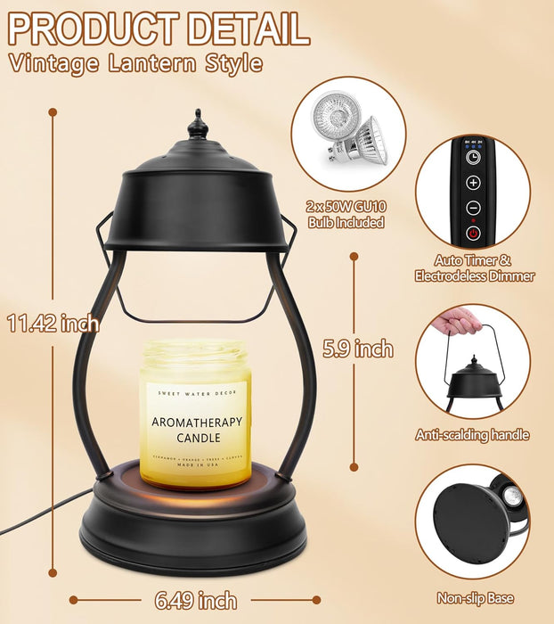 Candle Warmer Lamp, Dimmable Candle Warmer Lantern with Timer, Birthday Gifts for Women Mom, Dad and Fathers, House Warming Gifts, Black Large Lantern Candle Lamp for New Home Bedroom Decor