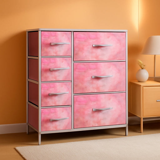 Kids Dresser with 7 Drawers - Storage Chest Organizer Unit with Steel Frame, Wood Top & Handles, Tie-Dye Fabric Bins for Clothes - Wide Furniture for Bedroom Hallway Kids Room Nursery & Closet