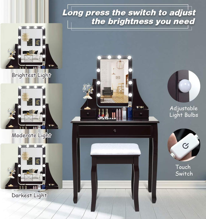 Vanity Set with Lighted Mirror, Makeup Table with 10 LED Dimmable Bulbs, 3 Drawers, 2 Dividers, Modern Bedroom Dressing Table Vanity Desk with Stool for Women Girls (Espresso)