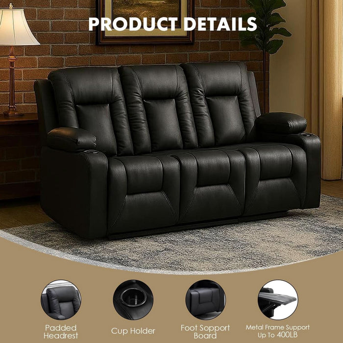 Leather Recliner Sofa Set with Manual Recliners,Living Room Furniture Set with Reclining Couch,Loveseat and Armchair,Living Room Chair with Cup Holders,Black (3+1)