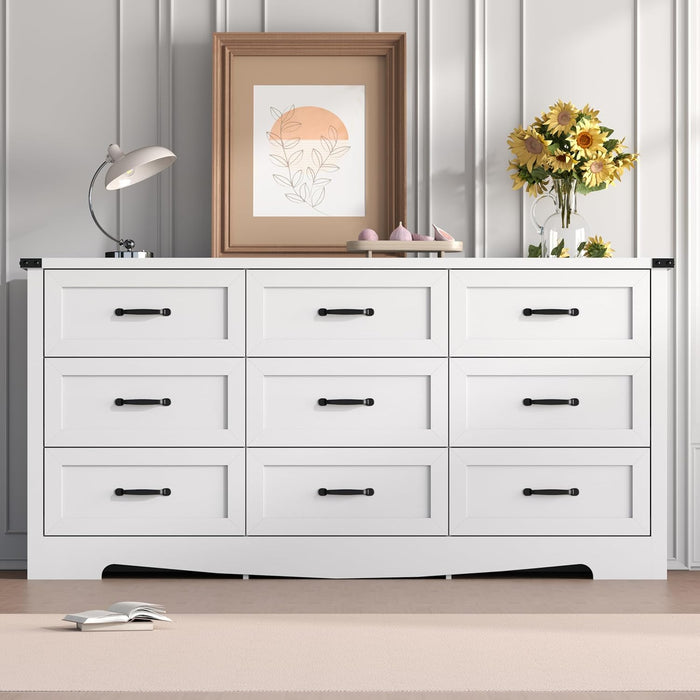 White Dresser for Bedroom, 59'' Wide Wooden Chest of Drawers with Natural Wood Texture, 9 Drawer Dresser for Closet with Metal Handles, Sleek Storage Solution for Living Room, Office, Hallway