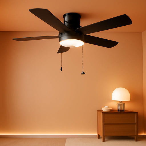 Ceiling Fans with Lights, 42 Inch Low Profile Ceiling Fan with Pull Chain and Remote Control, Flush Mount, Reversible, 3CCT, Dimmable, Noiseless, Black Pull Cord Ceiling Fan for Bedroom