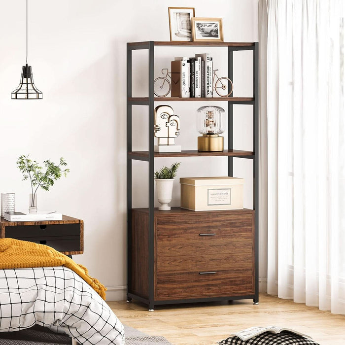 Bookcase, 4-Tier Rustic Bookshelf with 2 Drawers, Etagere Standard Book Shelves Display Shelf for Home Office