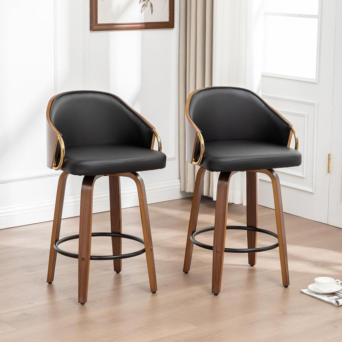 26" Swivel Counter Height Barstools Set of 2, Black Leather Bar Stools Mid Century Modern Bar Chairs with Wood Legs and Golden Arms for Kitchen Dining Pub Cafe