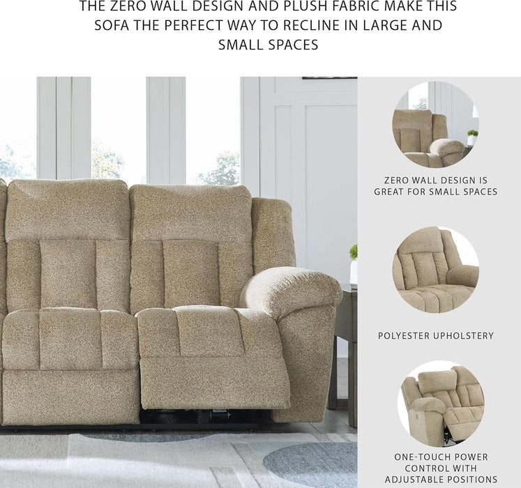Tip-Off Classic Wall Hugger Power Reclining Sofa with Adjustable Headrest and USB Ports, Light Brown