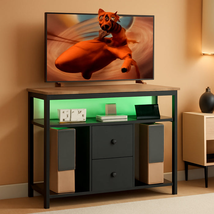 TV Stand with LED Lights, Dresser TV Stand, Tall Entertainment Center with 2 Fabric Drawers, TV Media Console Table, for Living Room, Bedroom, Black and Rustic Brown DS10DBR