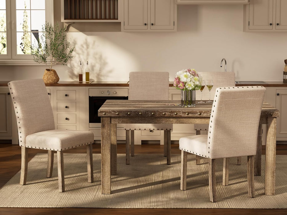 Rustic Dining Table Set for 6, Farmhouse Kitchen Dining Chairs for 6, Charming 60" Rectangular Wooden Table&6 Upholstered Chair with Nailhead Accents for Dining Hub,Breakfast Nook