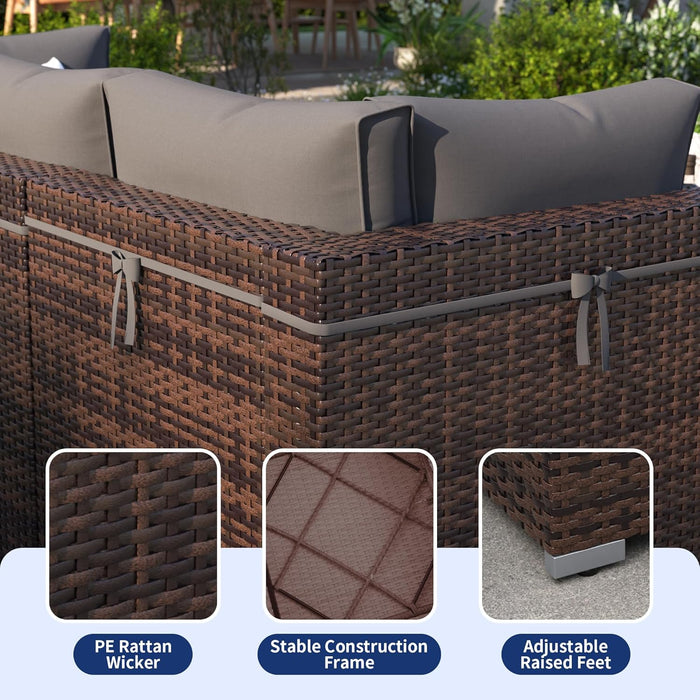 Patio Furniture Set, 7-Piece Outdoor Sectional with Waterproof Cover, All-Weather Wicker Patio Conversation Sets for Backyard (Brown with Grey Cushion)