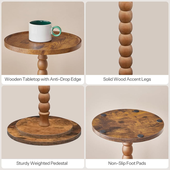 Set of 2 Small round Side Tables, Drink Tables with Solid Wood Legs, Martini Tables with Pedestal Accent, for Small Space, Living Room, Bedroom, Sofa Couch, Rustic Brown FG187BZP201