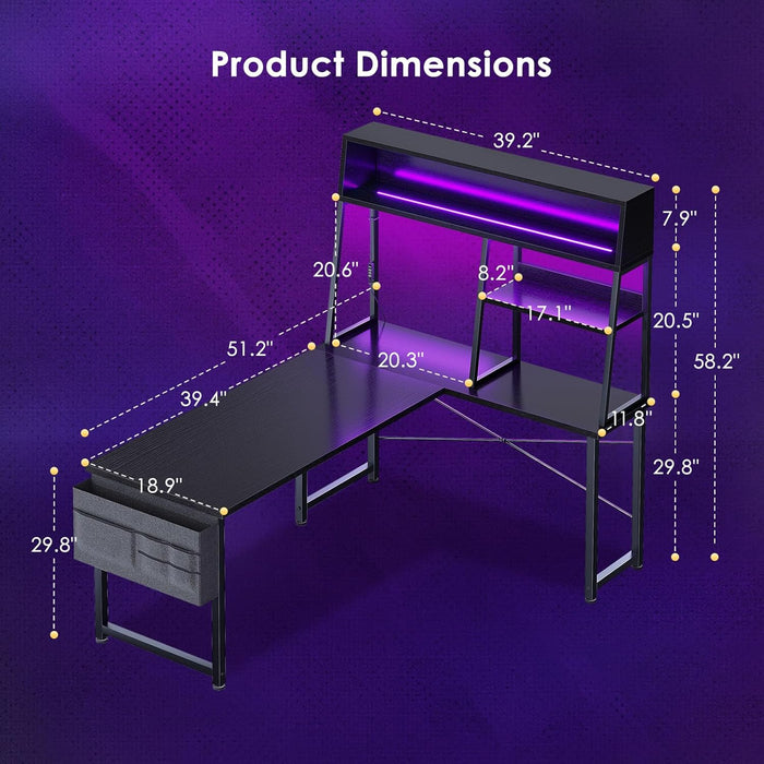 L Shaped Gaming Desk with Led Lights, 51 Inch Reversible Gaming Computer Desk with Display Shelves, PC Gamer Desk Gamer Table with Storage Bag, L Desk for Game, Black