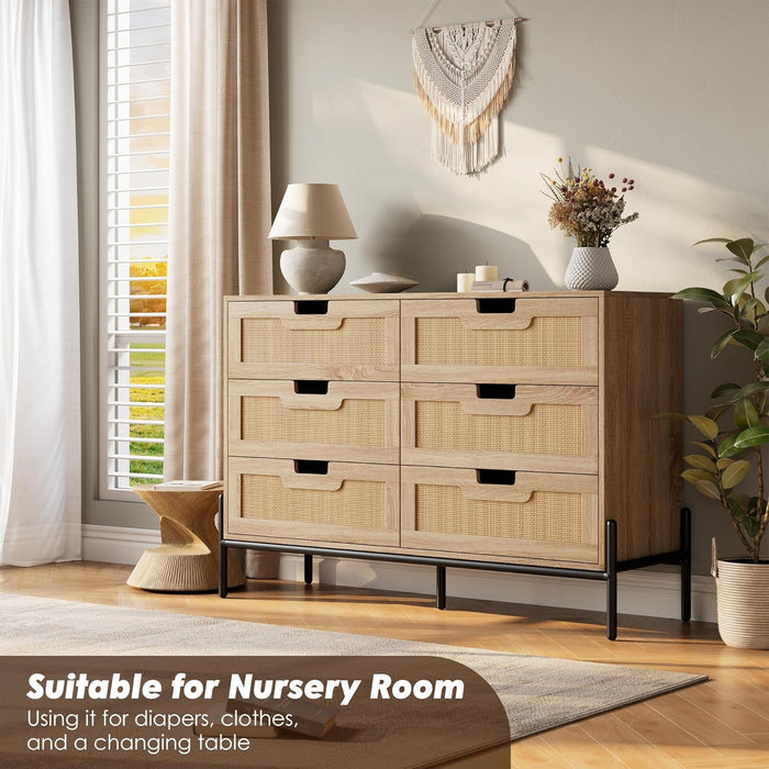 RattanOpenworkBraided Chest Of Six Drawers WalnutFinish