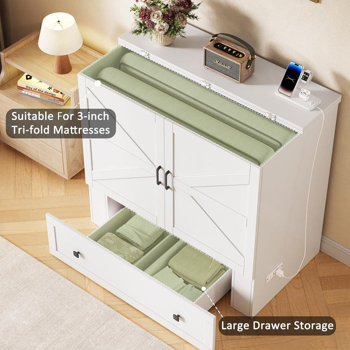 Murphy Bed with Built-In Charging Station, Space-Saving Murphy Bed Chest Twin with Drawer, Foldable, for Home Office Guest Room Bedroom White