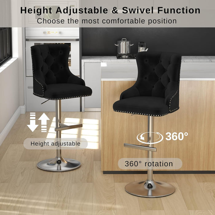 Velvet Bar Stool Set of 4 Lion Pull Ring Swivel Chair for Kitchen Counter Nailhead Upholstered Barstools Height Adjustable Barstools with Chrome Base for Dining Room Kitchen Black