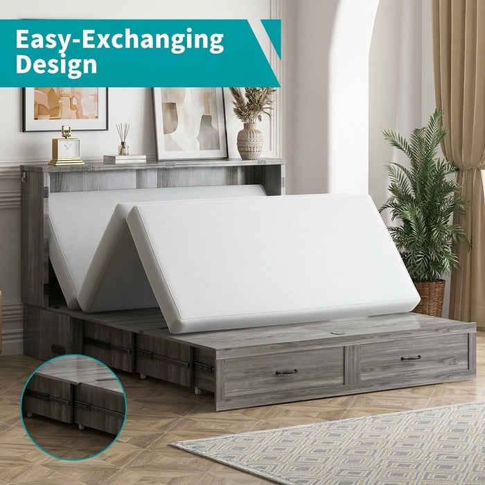 Grey QueenSize MurphyBed With Mattress USBCharging