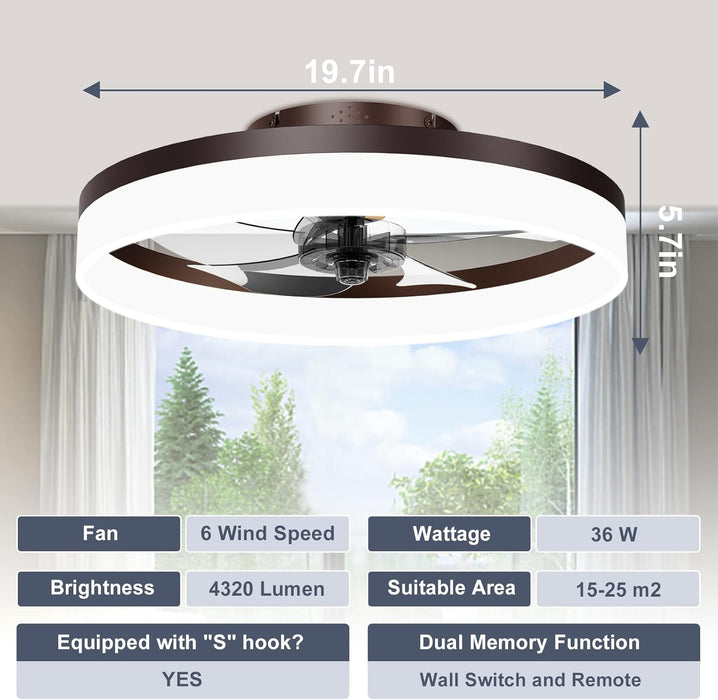 Low Profile Ceiling Fans with Lights and Remote, 19.7In Fandelier Ceiling Fan Flush Mount, 3000K-6500K Smart Bladeless LED Fan Light, Brown Modern Ceiling Fans with Lights for Bedroom