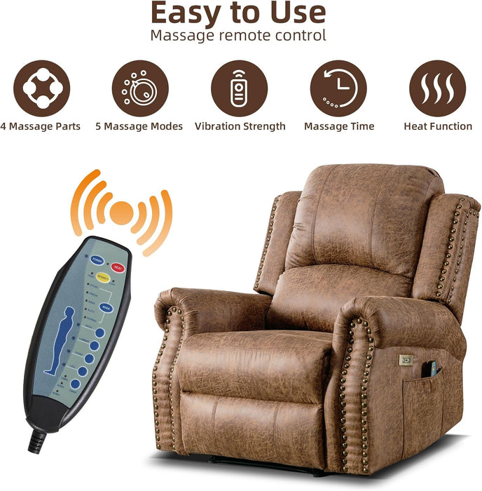 Power Recliner Chair with Massage and Heat, Faux Leather Electric Recliner Chair, Classic Single Sofa with Rivet Decoration for Living Room, Nut Brown