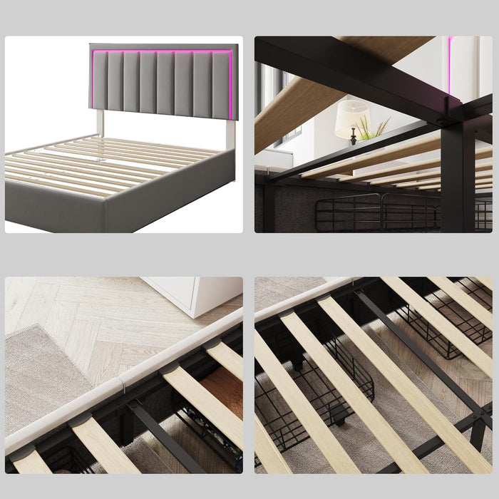 Queen Size Upholstered Platform Bed Frame, Wooden Slats Support with 4 Storage Drawers, Built in Charging Station & LED, Noise-Free, No Box Spring Needed, Grey