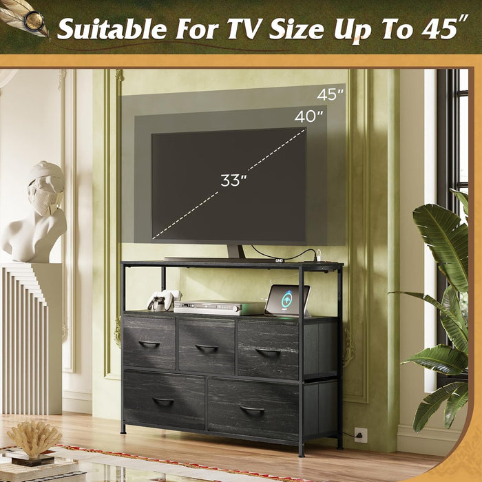 Dresser for Bedroom with 5 Drawers，Fabric Dresser with Charging Station,Chest of Drawer with Open Shelves, Storage Dresser for Living Room, Closet, Entryway, Charcoal Black Wood Grain Printt