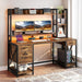 Computer Desk with Drawers & Hutch, 59.1" Office Desk with Power Outlets & LED Lights, Home Office Desk with Storage Shelves, Rustic Brown
