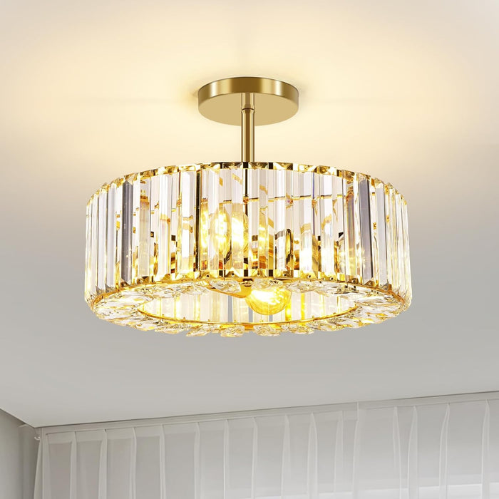 4-Light Crystal Ceiling Light Fixture - 14.56 Inch Modern Semi Flush Mount Ceiling Light Crystal Chandelier for Kitchen Bedroom Dinning Room Hallway - Gold