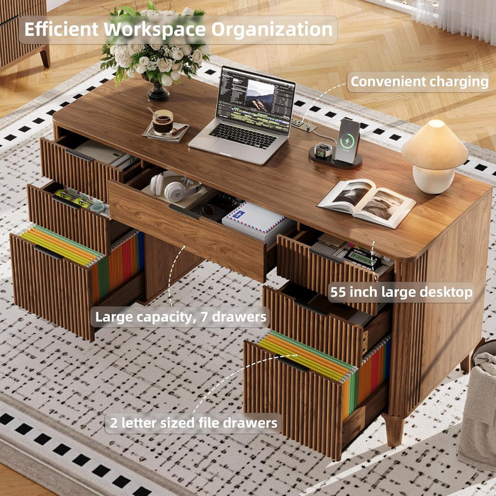 55Inch WalnutFinish Executive Desk With ChargingPort Unit