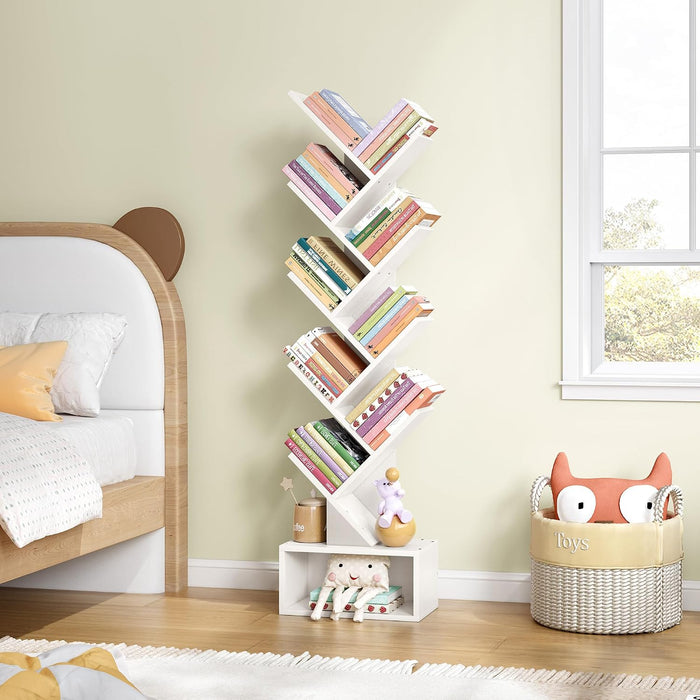 9 Tier Tree Bookshelf, Tall Bookcase with Drawer, Wood Book Shelf, Modern Floor Standing Bookshelves, Book Organizer Shelves for Bedroom, Living Room, Home Office, White