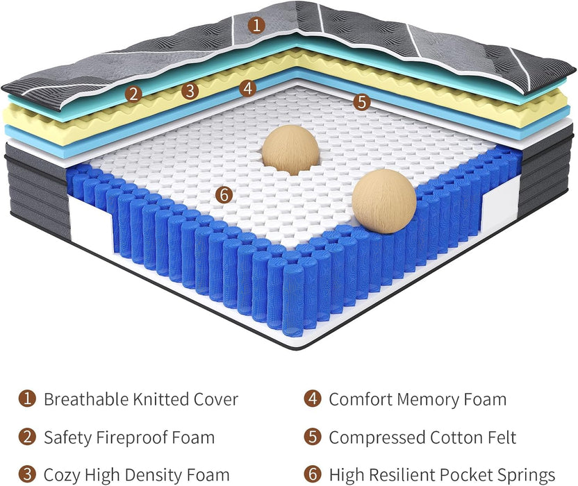 Queen Mattress, 12 Inch Hybrid Mattress in a Box, Medium Firm,Memory Foam and Individual Pocket Springs for Pressure Relief, Certipur-Us Certified