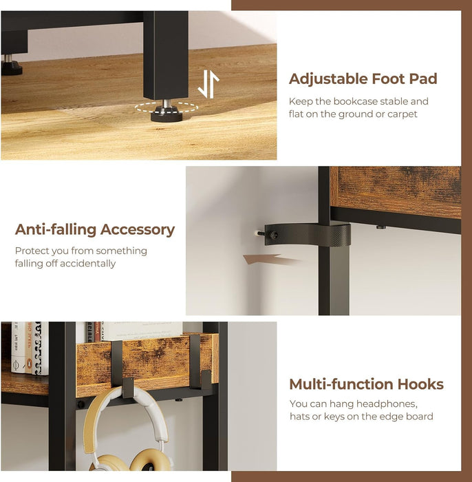 Bookshelf 4 Tiers with 4 Hooks, Triple Bookcase with Open Display Shelves, Industrial Wide Bookshelf with Metal Frame for Living Room, Office, Rustic Brown