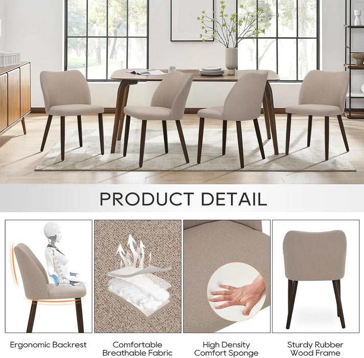 Dining Chairs Set of 6, Upholstered Fabric Kitchen Chairs with Curved Back, Padded Seat and Solid Wood Legs, Modern Dining Chair for Kitchen Dining Room, Camel