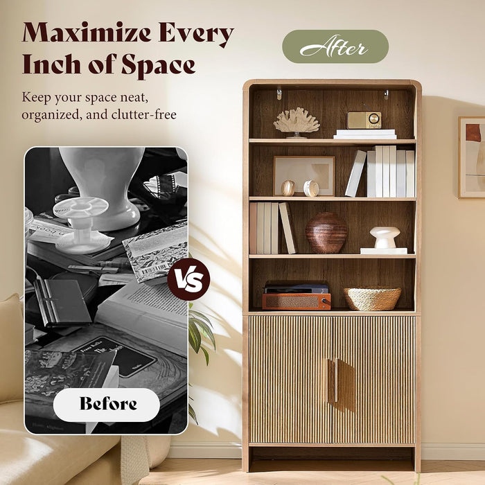 71" Modern Bookcase Set of 2 with Storage Cabinet & Fluted Doors | 6-Tier Bookshelf with 3 Adjustable Shelves, Wood Curved Display Cabinet for Living Room, Dining Room, Home Office, Natural