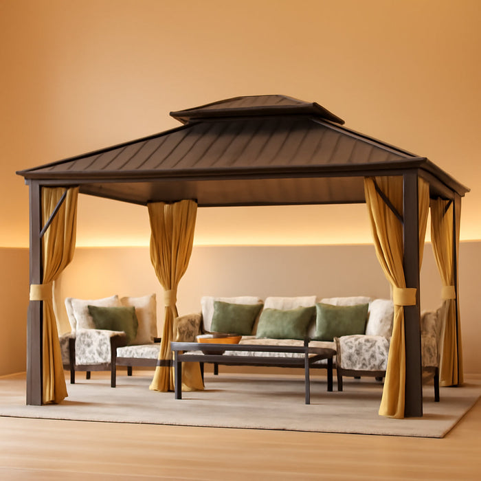 10' X 12' Hardtop Gazebo, Metal Gazebo with Aluminum Frame, Double Galvanized Steel Roof, Curtains and Netting Included, Pergolas for Patios, Garden, Parties, Lawns