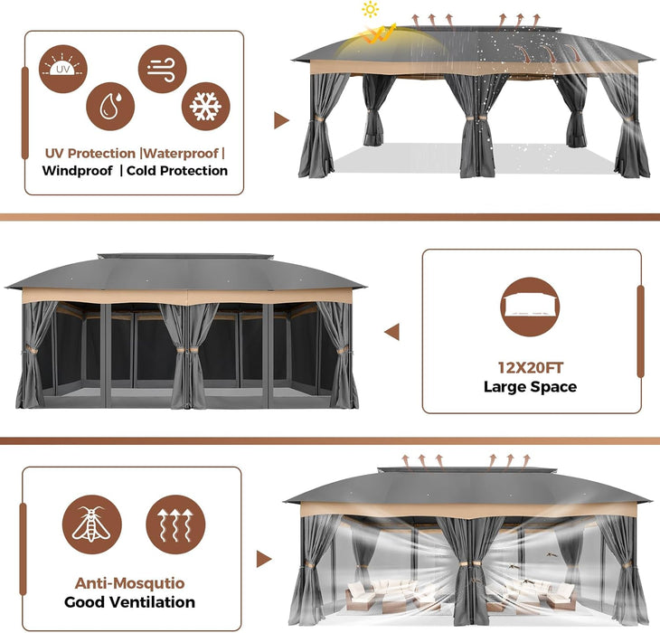 Gazebo 12X20 Heavy Duty Gazebo with Curtain and Nettings Outdoor Gazebo Double Roof Patio Gazebo with Metal Steel Frame Gazebo Tent for Patio, Deck, Backyard (Grey, Arc Top, Curtain & Netting)