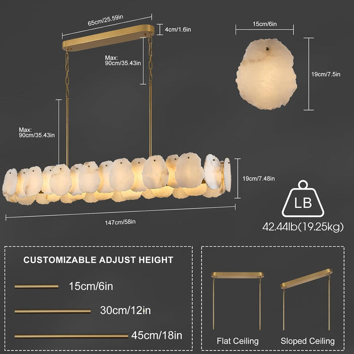 Alabaster Chandelier, 58 Inch Modern Rectangular Chandelier for Dining Room, Dimmable Linear Chandeliers for Kitchen Island, Natural Spanish Marble Stone Chandeliers for Dining Table, Living Room