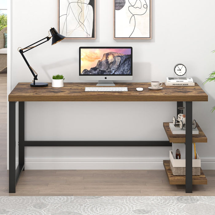 Modern Computer Desk, Home Office Desk with Storage Shelf, Wood Study Writing Table Workstation for Bedroom Living Room, Rustic Brown, 53 Inch