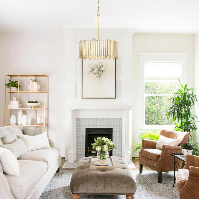 Gold Drum Chandelier 4-Light, Modern Drum Pendant Lighting Fixture with Tiffany Glass Shade, 16” round Ceiling Hanging Light for Bedroom Dining Room Kitchen Entryway Living Room (Gold)