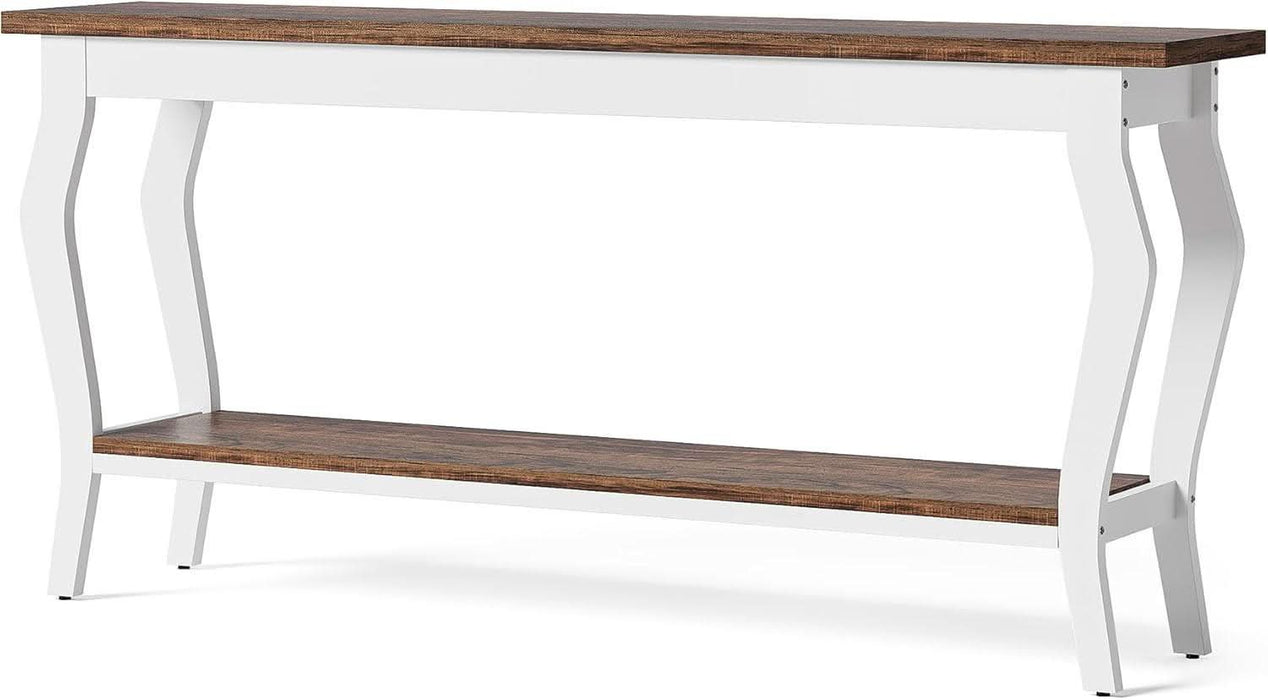 70.9 Inches Long Console Table, 2-Tier Vintage Wooden Sofa Table behind the Couch with Metal Legs for Hallway, Entryway, Living Room, Brown & White