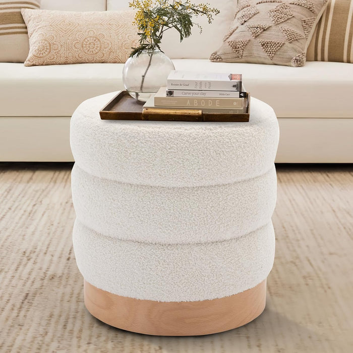 Sherpa Ottoman Footstool, Tufted Modern Foot Rest Stool with Wood Base for Living Room, Bedroom, Desk, round Versatile Side End Table, Pouf, Makeup Seat,2Pcs,Cream