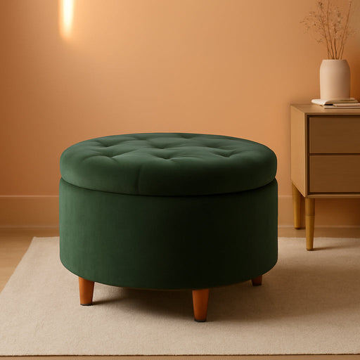 Home Decor | Large Button Tufted Velvet round Storage Ottoman | Ottoman with Storage for Living Room & Bedroom, Loden Green Velvet, 28"
