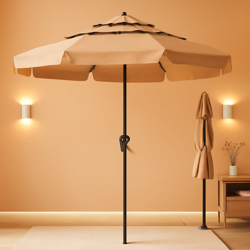 11FT 3-Tiers Patio Umbrella with Valance, Outdoor with Crank, Large Outdoor Market Umbrellas Vented with 8 Sturdy Ribs, Patio Table Umbrellas for Garden, Deck, Backyard, Pool, Beige