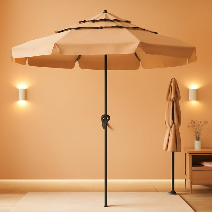 11FT 3-Tiers Patio Umbrella with Valance, Outdoor with Crank, Large Outdoor Market Umbrellas Vented with 8 Sturdy Ribs, Patio Table Umbrellas for Garden, Deck, Backyard, Pool, Beige