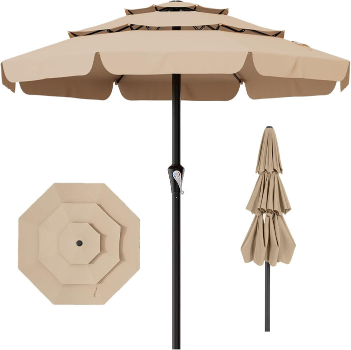 11FT 3-Tiers Patio Umbrella with Valance, Outdoor with Crank, Large Outdoor Market Umbrellas Vented with 8 Sturdy Ribs, Patio Table Umbrellas for Garden, Deck, Backyard, Pool, Beige