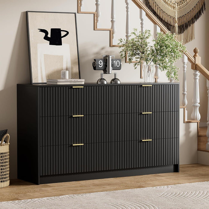 Black Dresser for Bedroom, Modern Dresser with 6 Drawers and Smooth Slides, Wide Chest of Drawers with Golden Handles for Bedroom, Living Room, Closet, 15.7" D X 55.1" W X 31.4" H
