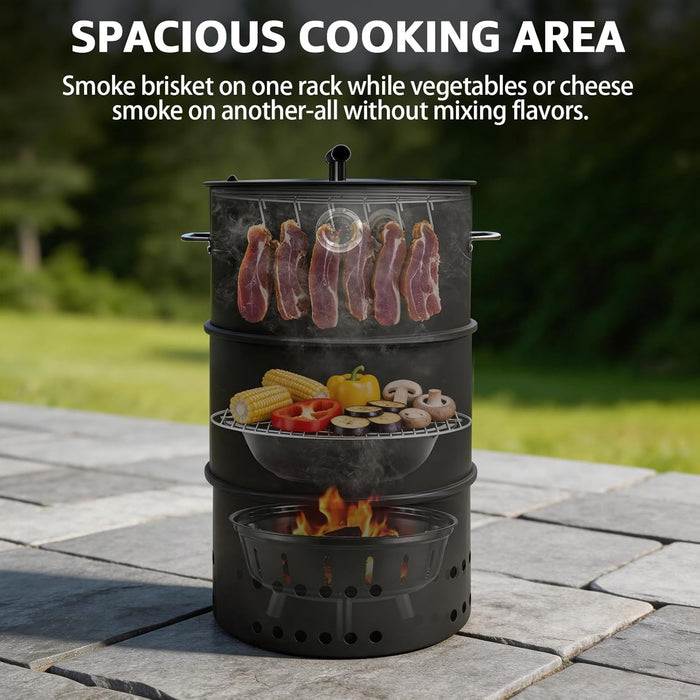 Charcoal Smoker Grill, 20.9" Barrel Charcoal BBQ Smoker, Coated Steel Outdoor Barbecue Grill with 2 Grilling Grates, 1 Hanging Rod, 6 Hooks & Thermometer for Party Backyard Patio Cooking